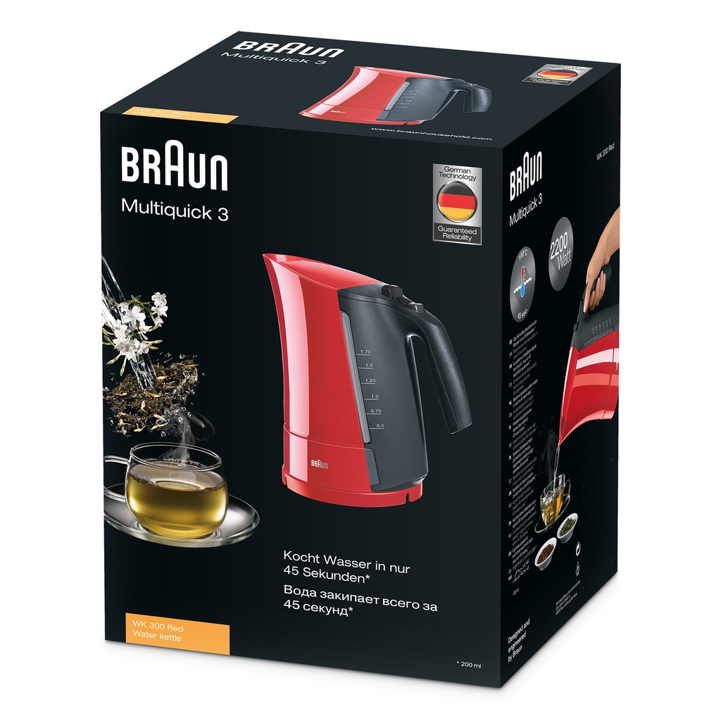 Ấm đun nước siêu tốc Braun WK300RD Sản xuất 100% tại Châu Âu Công suất 2200w, đun siêu tốc chỉ 45 giây, dung tích 1.7l