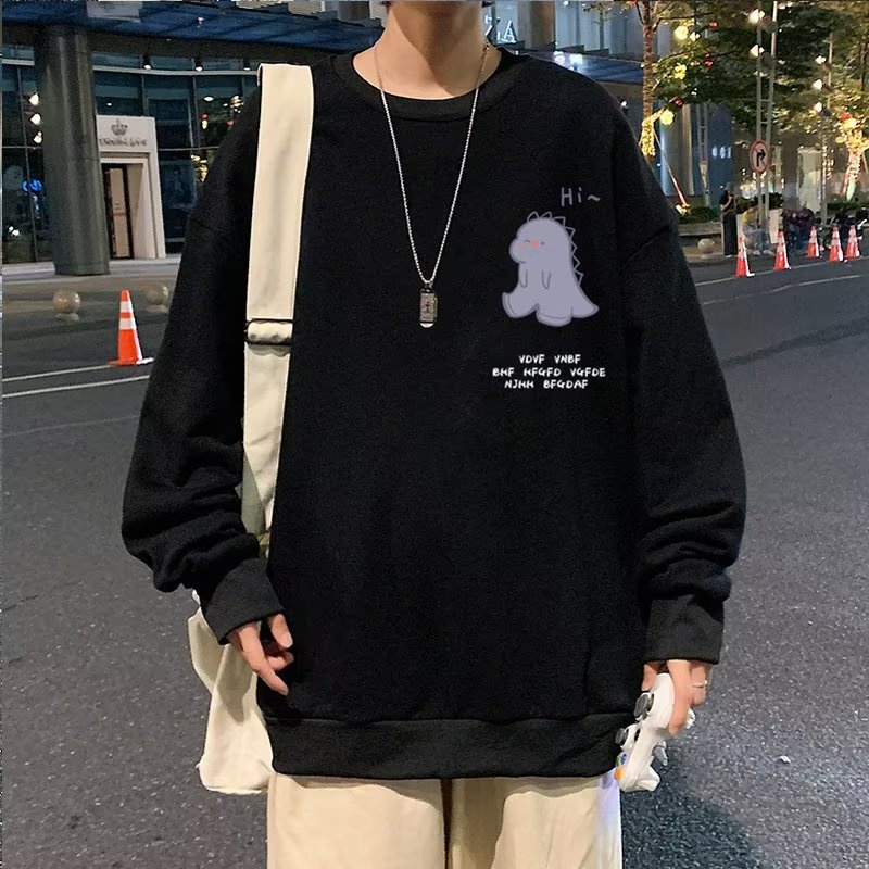 Áo Nỉ Dài Tay Cổ Tròn Form Rộng In Họa Tiết Khủng Long Hoạt Hình Size M-3XL Cho Nam