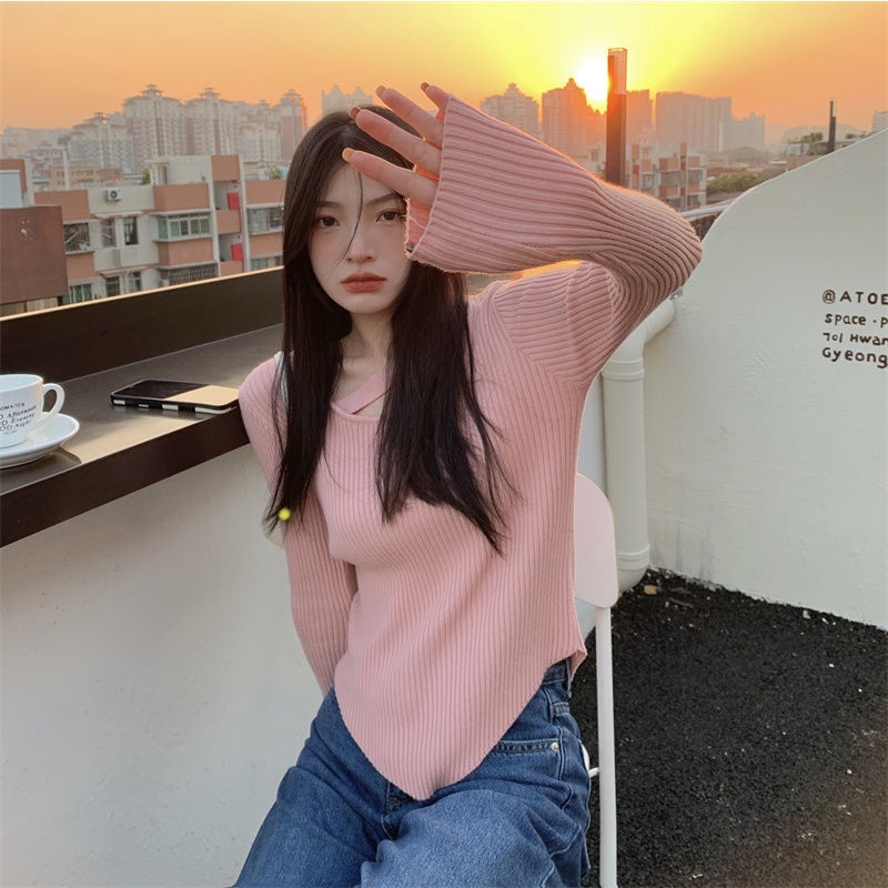 COZOK Áo sweater Dệt Kim Tay Dài Trễ Vai Thiết Kế Lệch Tà Cá Tính Dễ Phối Đồ