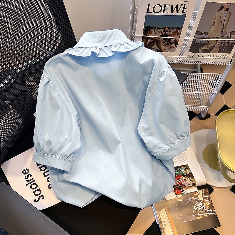 Áo Sơ Mi Tay Ngắn Phồng Cổ Búp Bê Màu Xanh Dương Thời Trang Mùa Hè Cho Nữ