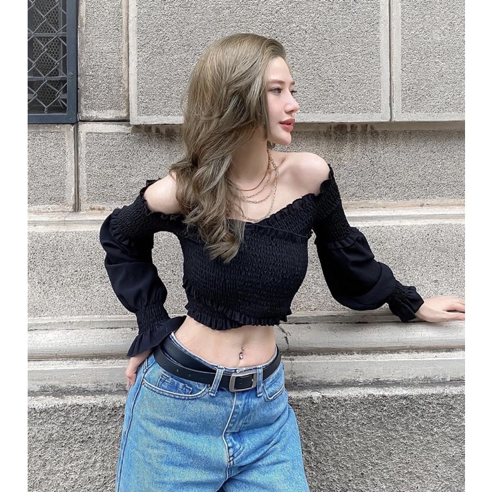 ÁO NỮ CROPTOP NHÚN ĐẮP CHÉO TAY DÀI