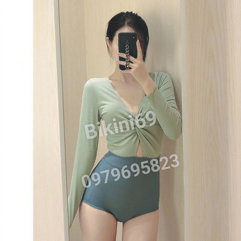 Bikini đi biển, Đồ bơi nữ liền thân dài tay màu xanh mặc đi biển đi bơi cực sexy Bikino 69