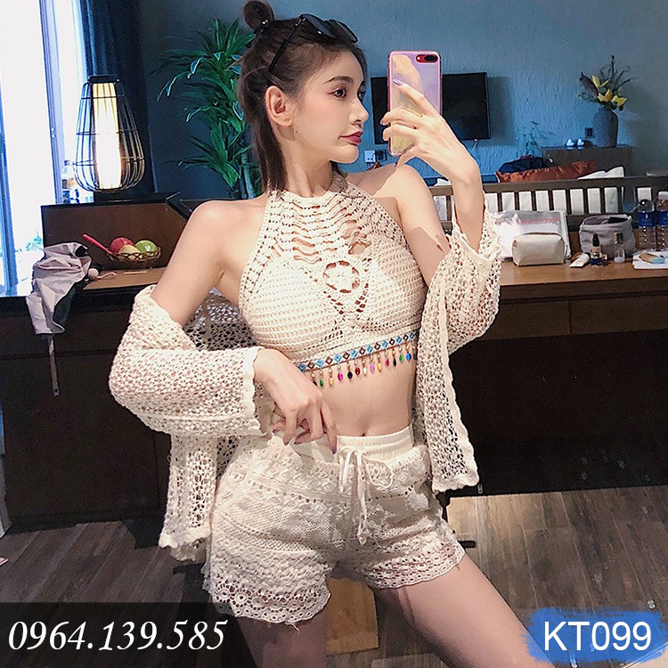 Bikini len móc cùng quần ren, áo choàng cùng tone quyến rũ, đồ bơi len móc đẹp, hàng cao cấp | KT099