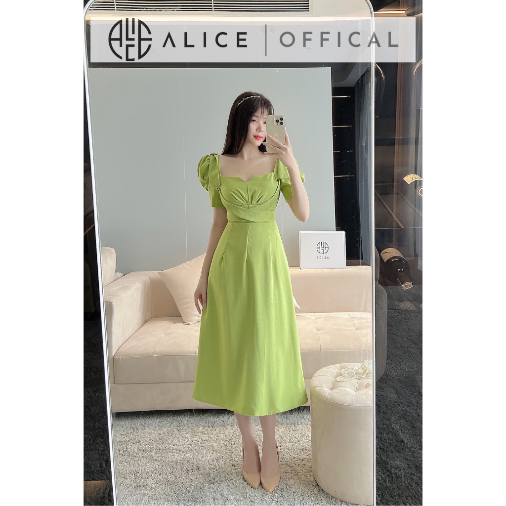 Váy Công Sở Cổ Vuông ALICE Chất Vải Cao Cấp Váy Dáng Suông Eo Đai Chéo Tay Bồng V843