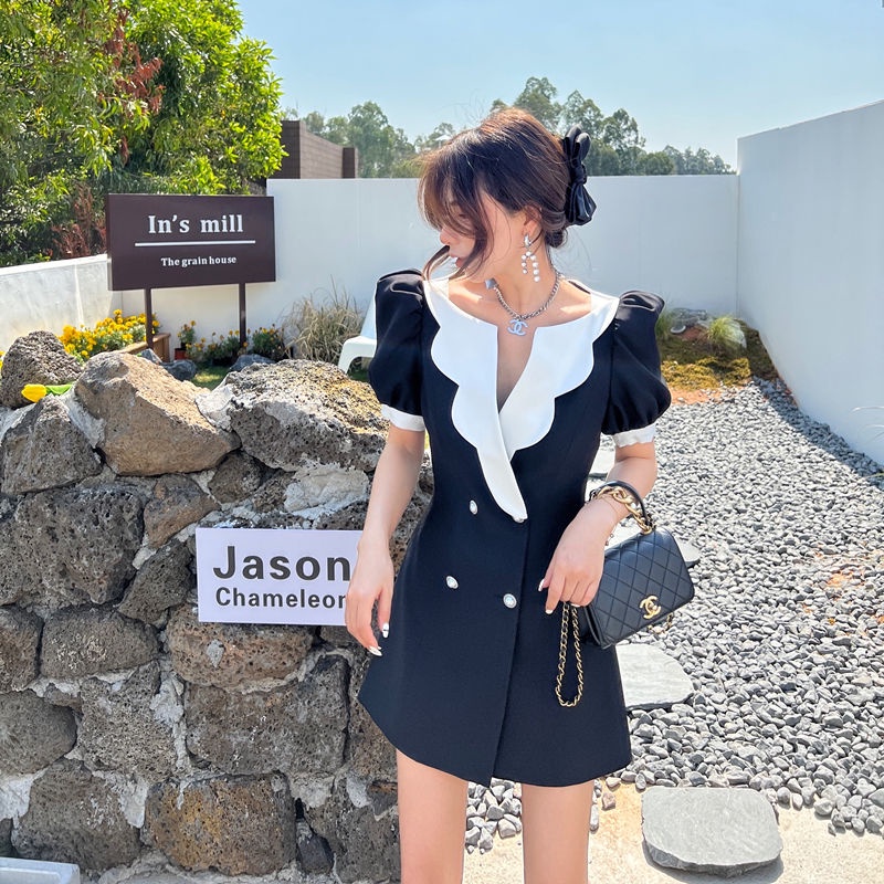 [Spot] Đầm Cổ Chữ V Tay Phồng Hai Hàng Nút Thời Trang Đơn Giản Phong Cách retro Hàn Quốc