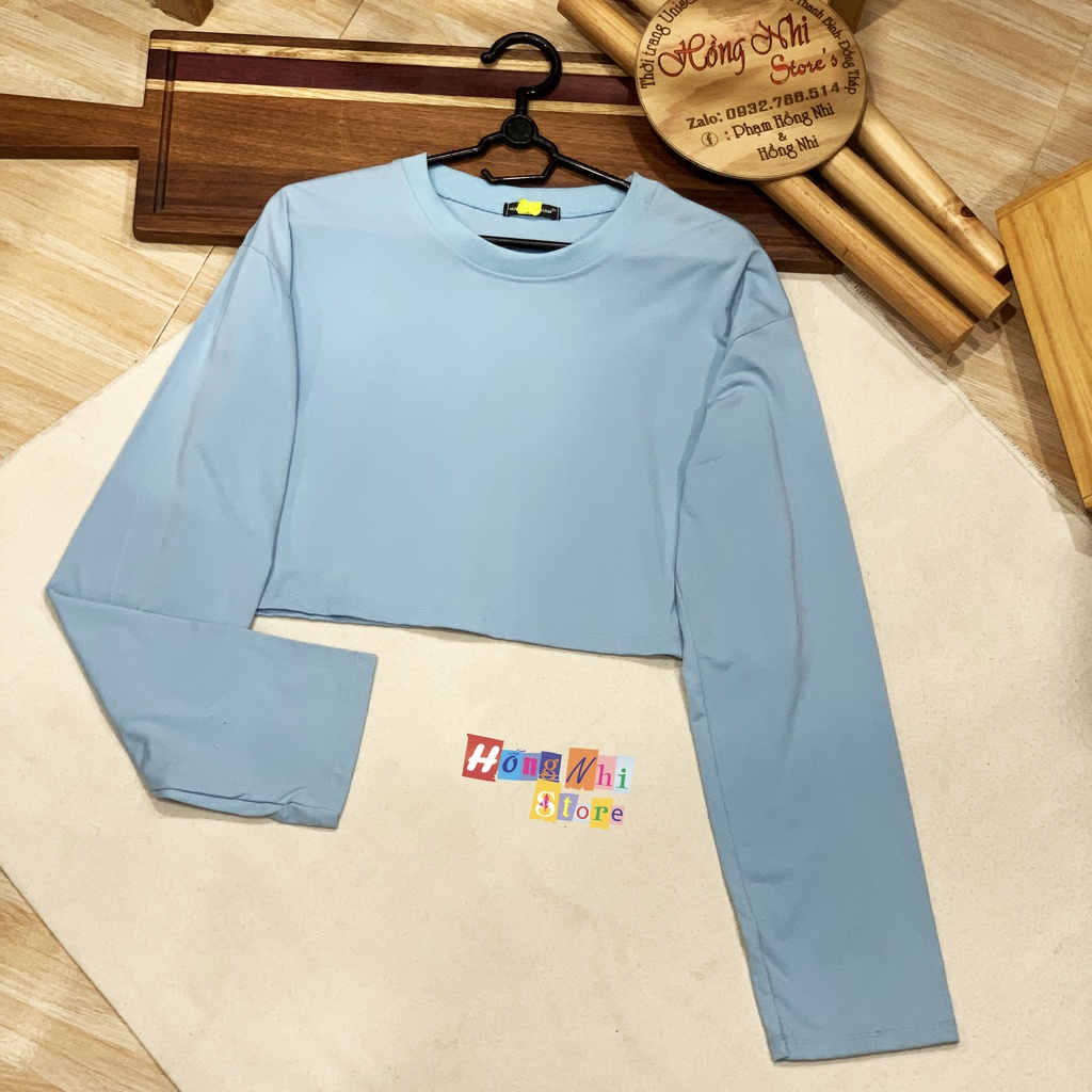Áo Croptop Trơn Tay Dài Dáng Rộng Xanh Dương Long Tee Ulzzang - MM