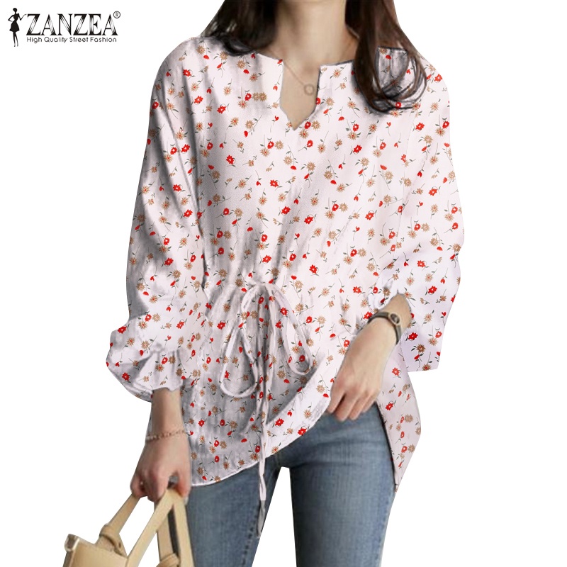 Áo kiểu Zanzea tay phồng cổ chữ V lưng thun rút dây co giãn in hoa thời trang cho nữ