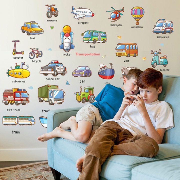 Decal dán tường cho bé thông minh học số và chữ cái HM92024 Phương Tiện Giao Thông