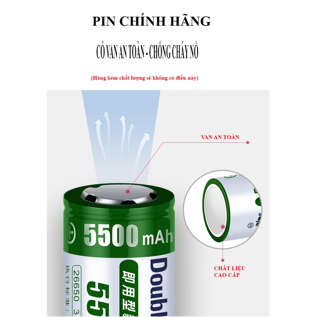 Pin Cell 26650 sạc lại chính hãng Doublepow công suất cao, sử dụng cho đèn siêu sáng, chế ắc quy