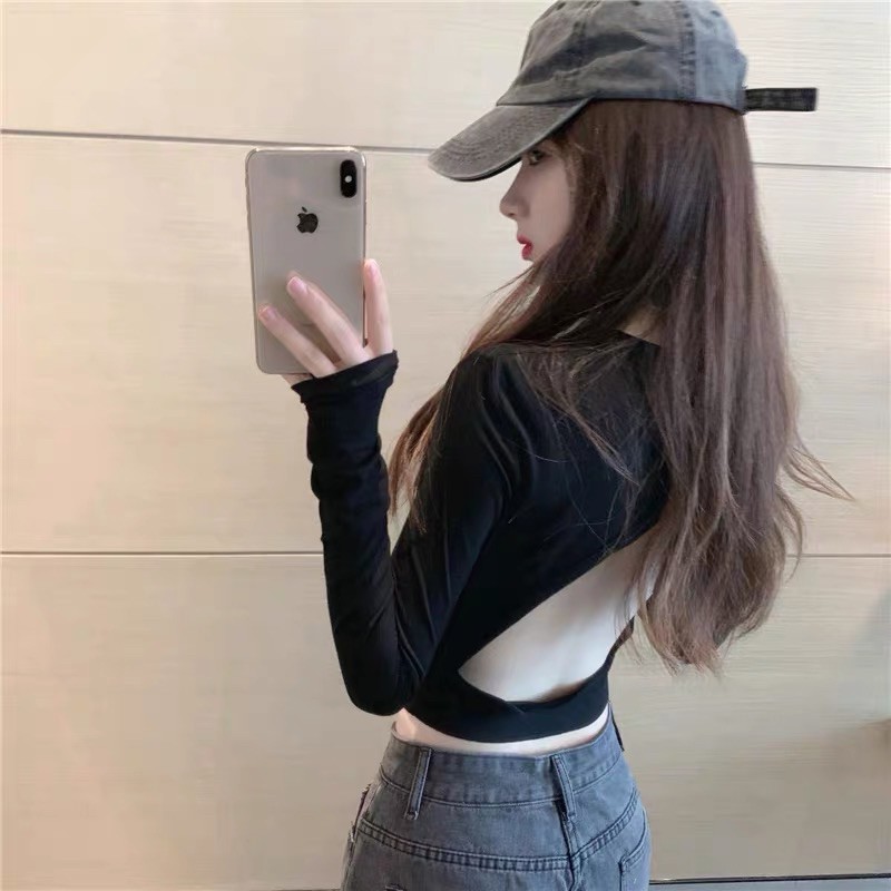 Áo thun cổ tròn tay dài khoét lưng, Áo thun croptop tay dài khoét lưng