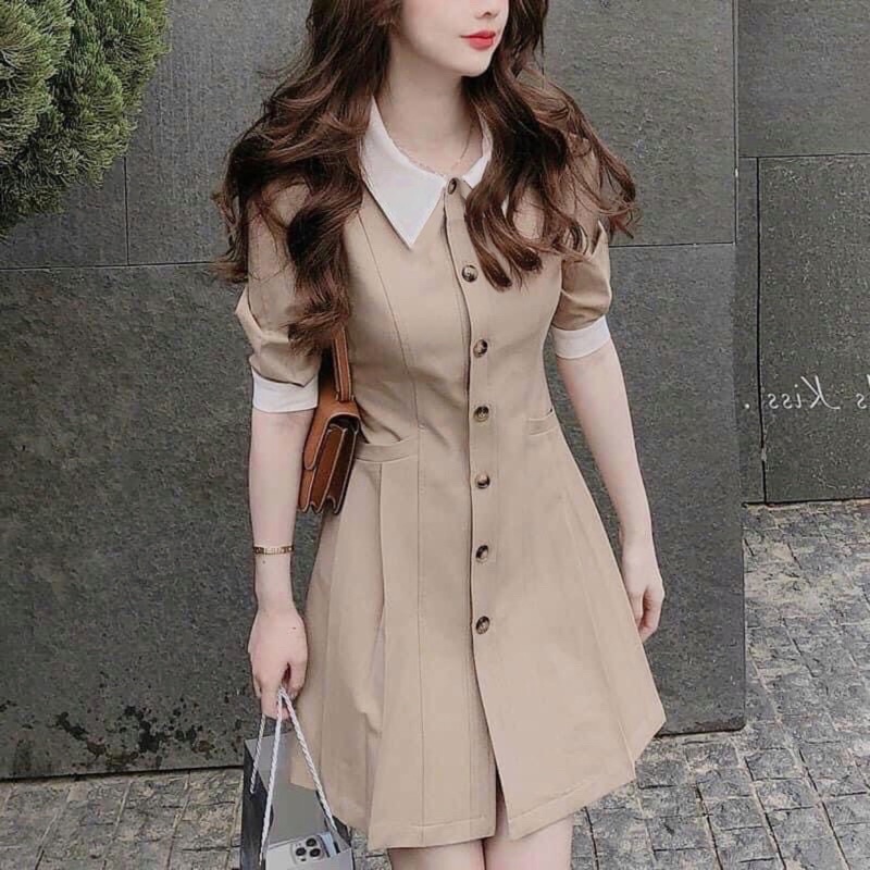 Đầm dạo phố công sở nude phối cổ trắng