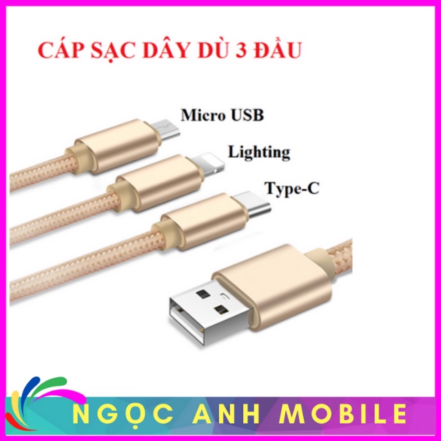 Dây Sạc iphone Đa Năng 3 Đầu chân micro,iphone,type-c,sạc nhanh 2.4A đầu sạc chống gẫy gập,