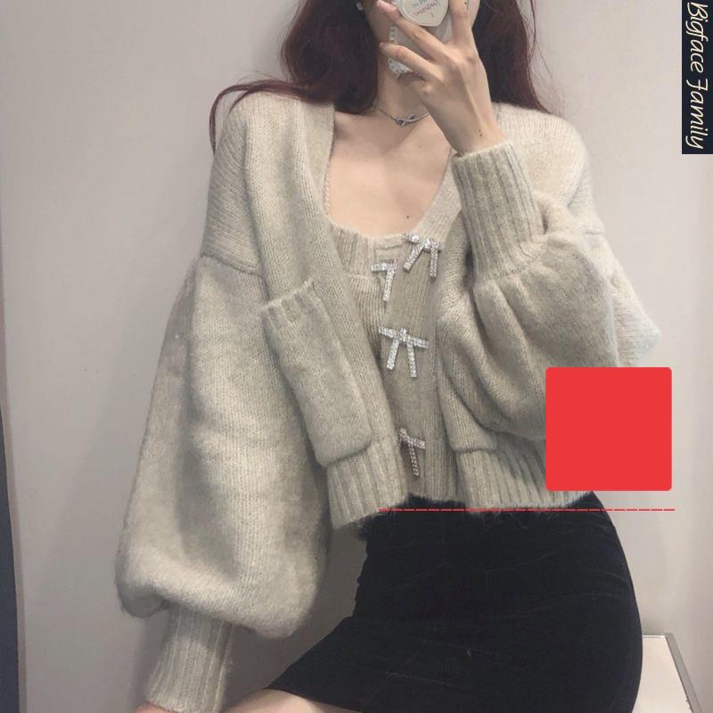 Áo khoác Cardigan dệt kim tay phồng phối nơ đính kim cương nhân tạo phong cách mùa thu đông dành cho nữ