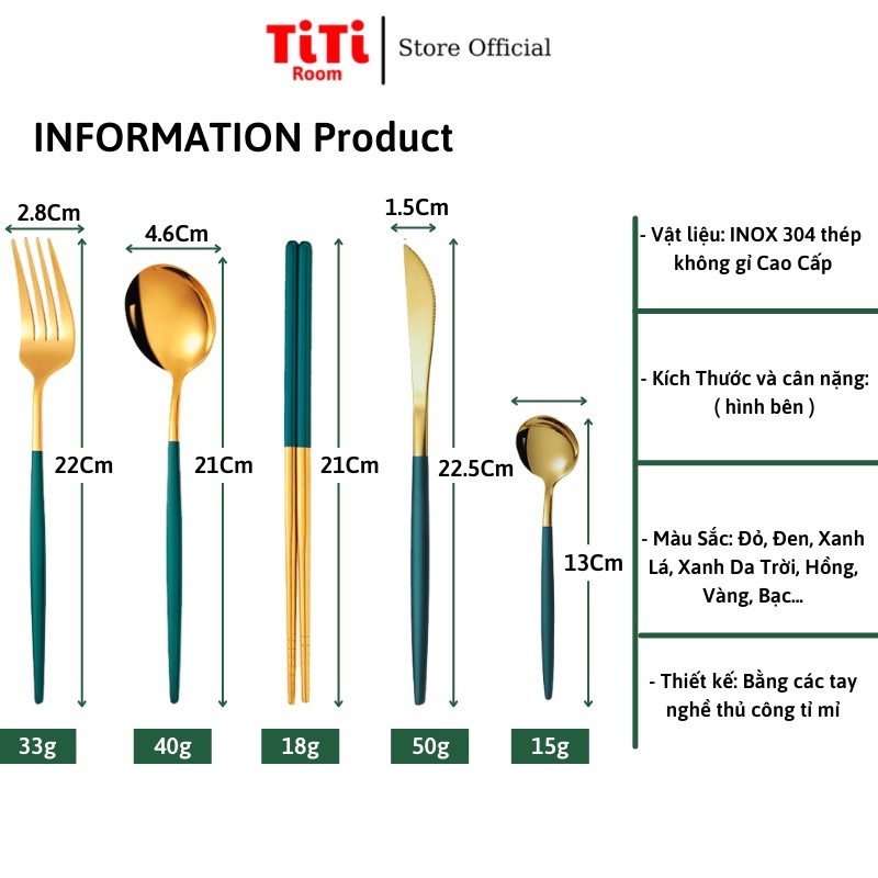 Muỗng đũa thìa nĩa dao Inox 304 không gỉ mạ vàng cao  Dụng cụ cá nhân ăn cơm văn phòng TiTiRoom