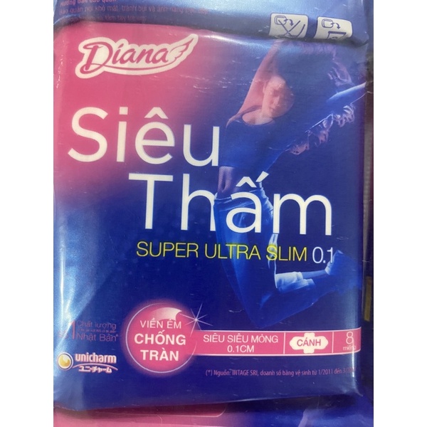 LỐC 6 GÓI BĂNG VỆ SINH DIANA SIÊU THẤM SUPER ULTRA SLIM 0.1 CÓ CÁNH 1 GÓI 8 MIẾNG