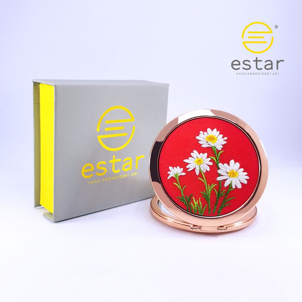 Gương Thêu Tay, Gương Mini - Họa Tiết Thêu Hoa Cúc Họa Mi - Tặng 1 Thiệp Quiliing Siêu Đẹp