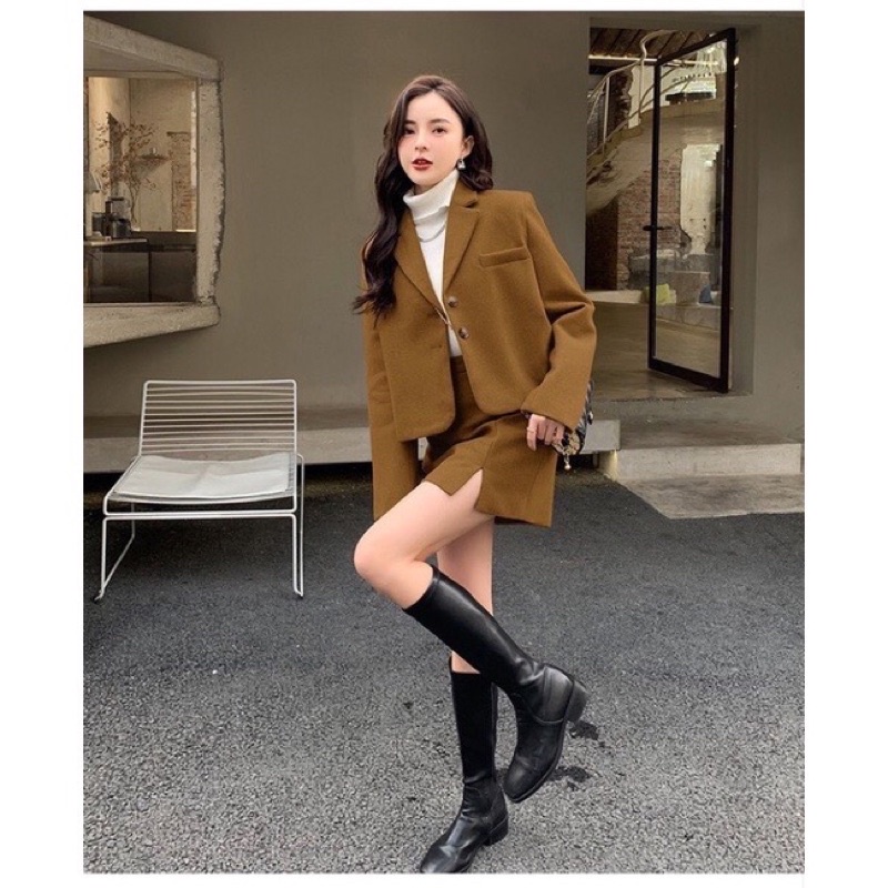 Set dạ trơn Blazer dáng ngắn croptop kèm chân váy chữ A xinh