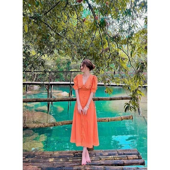 Đầm thời trang nữ mặc đi chơi chất đủi cổ bèo lá có đính nút tay lỡ dáng váy dài hàng cao cấp