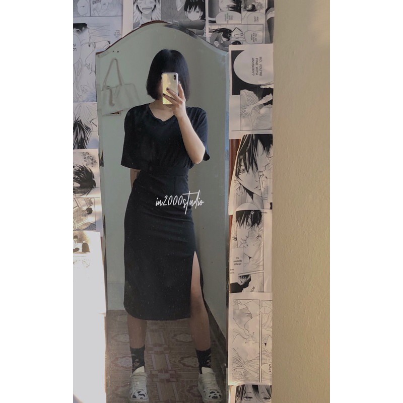 [SIZE S-M] Chân váy midi đen xẻ tà tôn dáng style ulzzang hàng sẵn | BigBuy360 - bigbuy360.vn