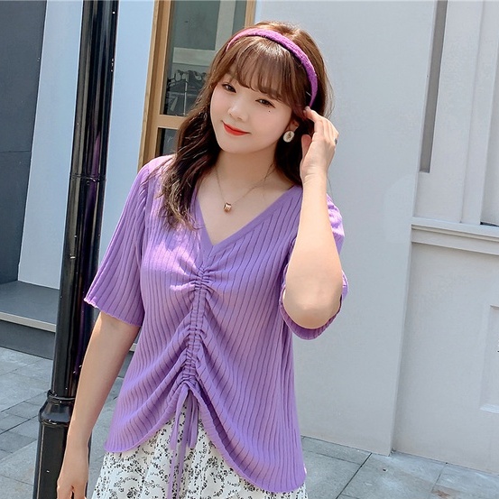 Áo Thun Dệt Kim Tay Ngắn Cổ Chữ V Dáng Rộng Phối Dây Rút Trẻ Trung Hợp Thời Trang