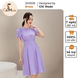 Đầm xòe nữ tím cổ tròn vai đinh ngọc CITI MODE chất vải co giãn nhẹ cao cấp DH3535