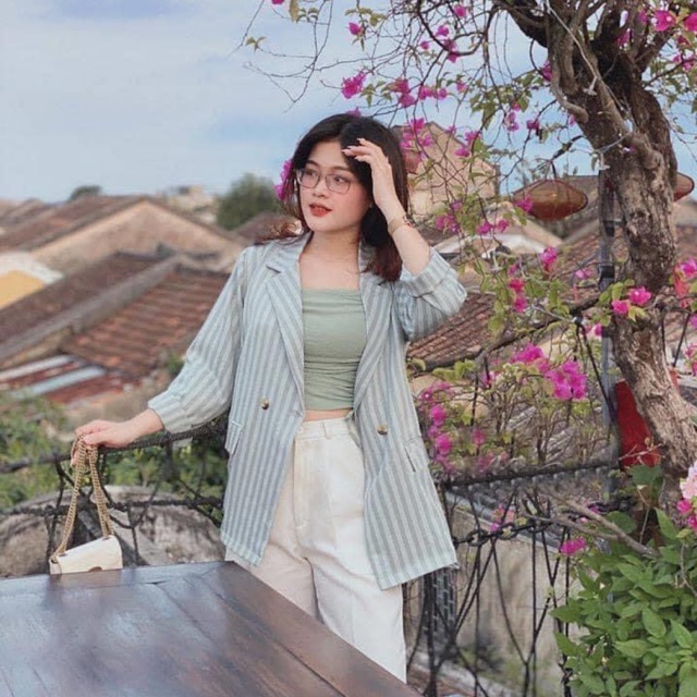 Áo Vest Kẻ Blazer siêu Sang màu xanh ngọc cực đẹp