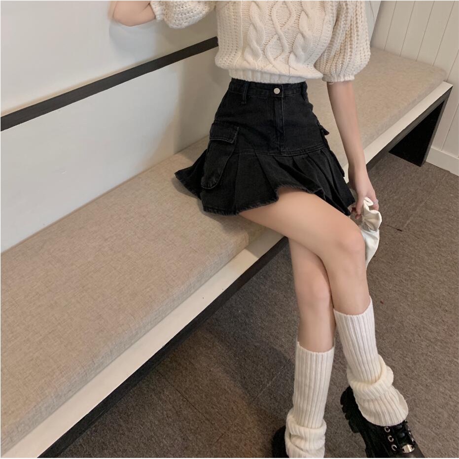 ZHELIHANGFEI Chân Váy Denim Chữ a Xếp Ly Lưng Cao Thời Trang Mùa Hè Cho Nữ