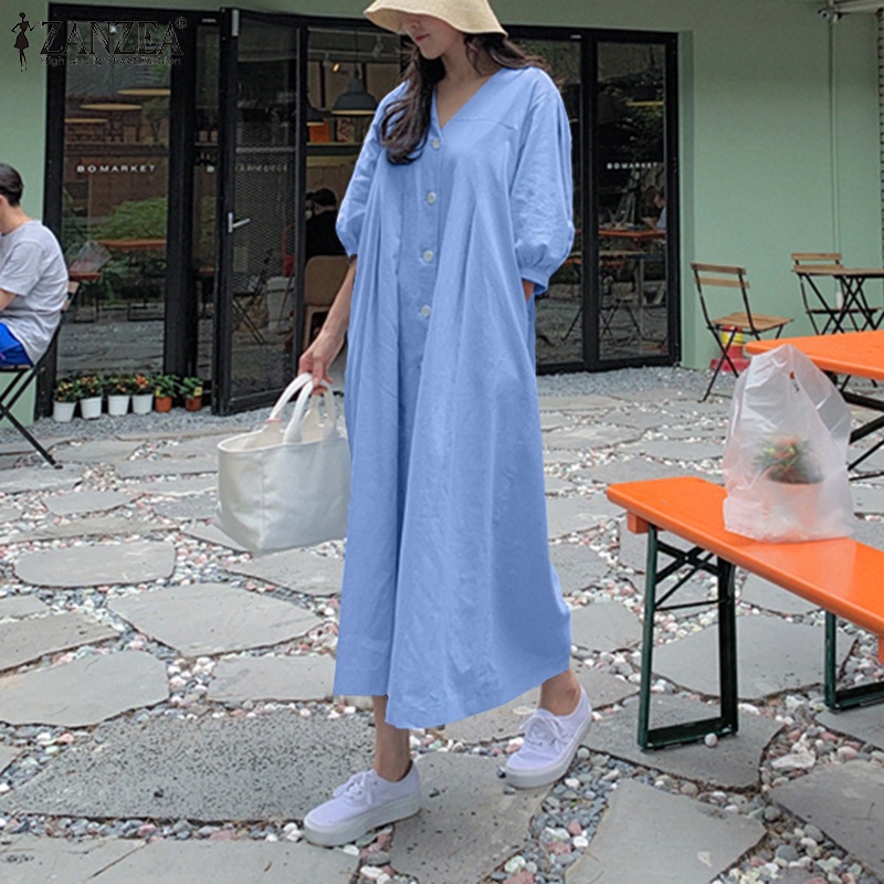 Đầm maxi Zanzea cổ tim tay lửng thời trang dành cho nữ