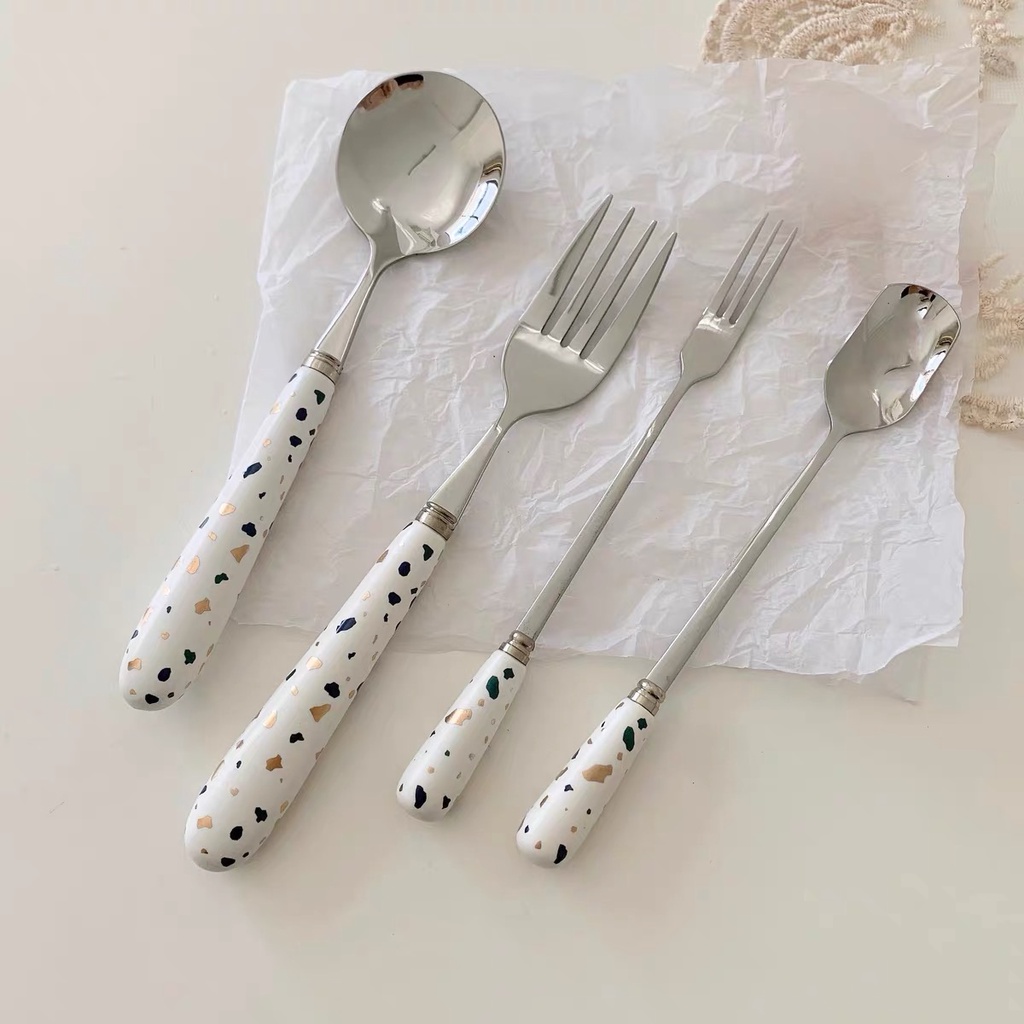 Set Thìa Dĩa Họa Tiết Vân Đá Cao Cấp Thép Không Rỉ Phong Cách Bắc Âu DECOR Bàn Ăn Sang Chảnh