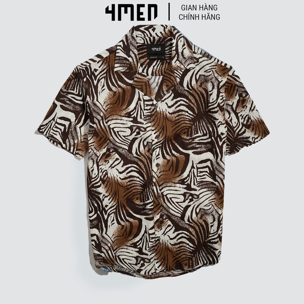 Áo sơ mi nam ngắn tay đẹp 4MEN SM065 họa tiết in loang lạ mắt trẻ trung, vải linen mềm bóng, thấm hút mồ hôi tốt
