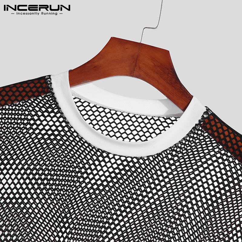 Áo INCERUN ngắn tay xuyên thấu màu đen phối dây rút thời trang cho nam