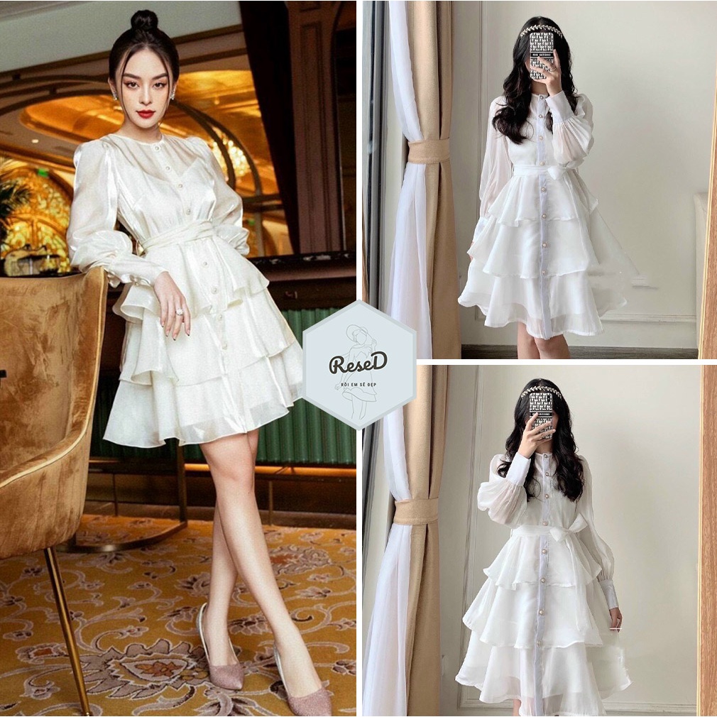 Đầm tầng tay dài 2 màu trắng - nude đẹp