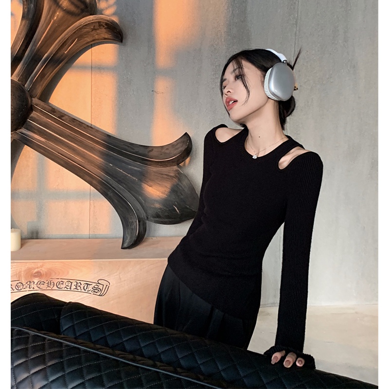 QKOOLE Áo croptop  dệt kim tay dài hở lưng phong cách Hàn Quốc thời trang