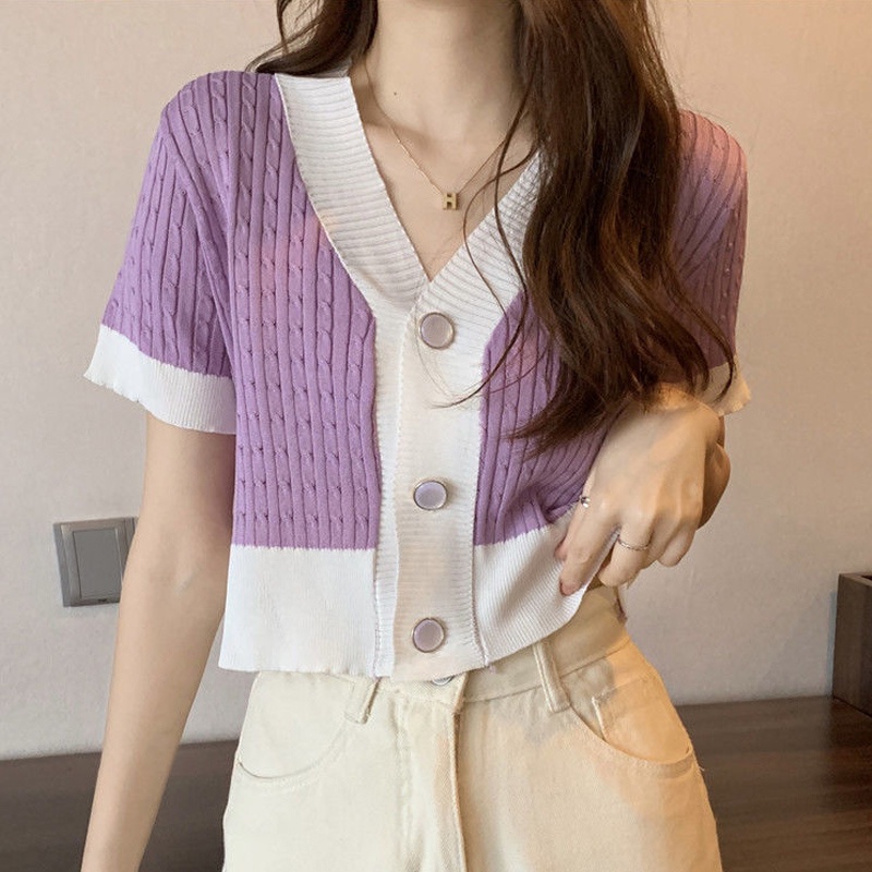 Nữ mùa hè áo len ngắn tay dệt kim cổ chữ V đầy màu sắc [Quảng Châu] | WebRaoVat - webraovat.net.vn