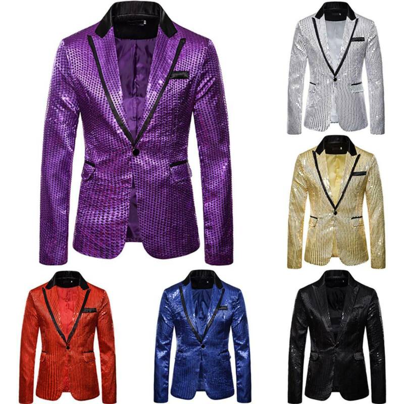 Mens Shining Sequins Tuxedo Suit Party Blazer Gentleman One Button