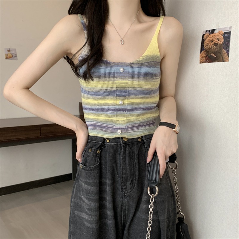 【HangFei】Áo Dệt Kim Sát Nách Kẻ Sọc Cầu Vồng Lưng Cao Quyến Rũ Cho Nữ