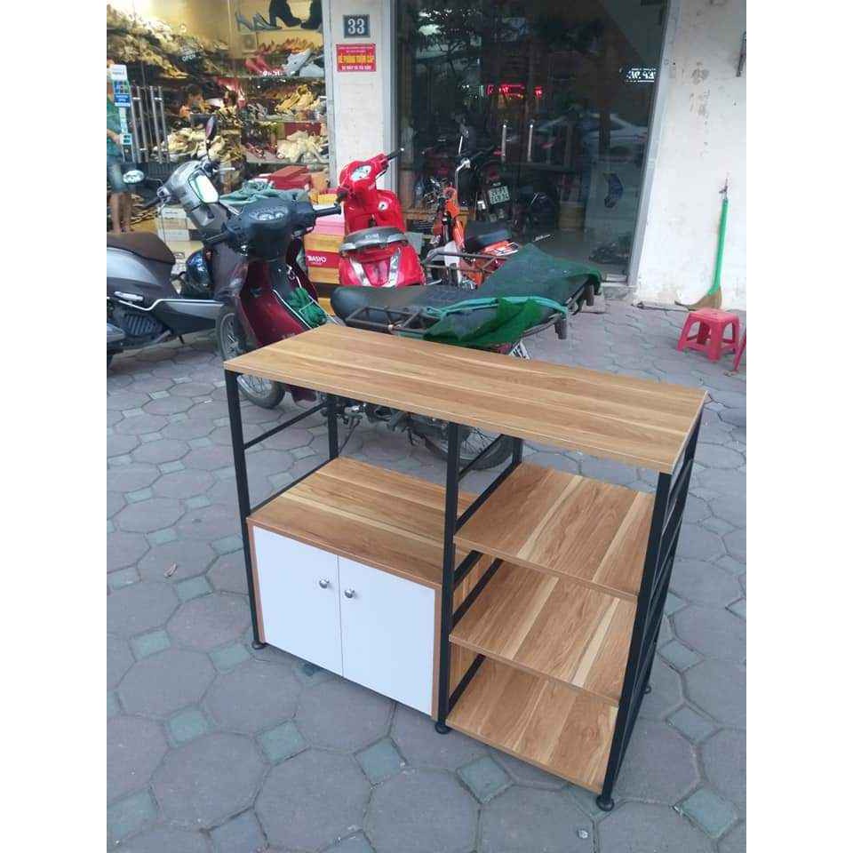 Kệ Lò Vi Sóng Đơn, Để Nồi Cơm Điện Có Ngăn Tủ, Khung Sắt Mặt Gỗ MDF 3 Tầng