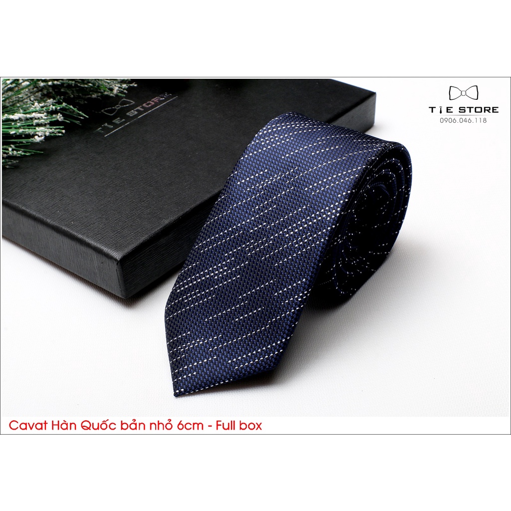 Cavat Hàn Quốc bản nhỏ 6cm chuẩn công sở, chú rể - Cavat xanh kẻ trắng cao cấp Full box
