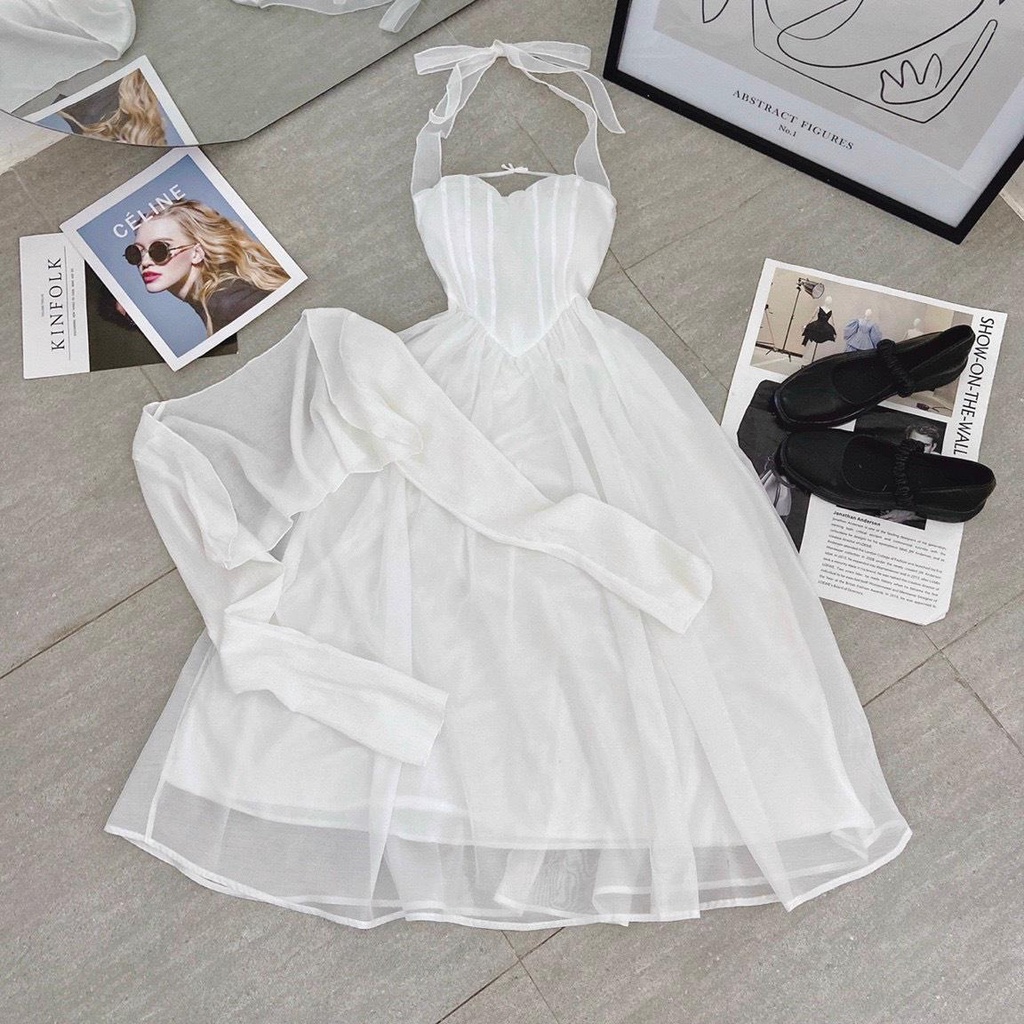 SET ĐẦM MIDI TRẮNG CỔ YẾM DÂY VOAN + KHOÁC CROPTOP
