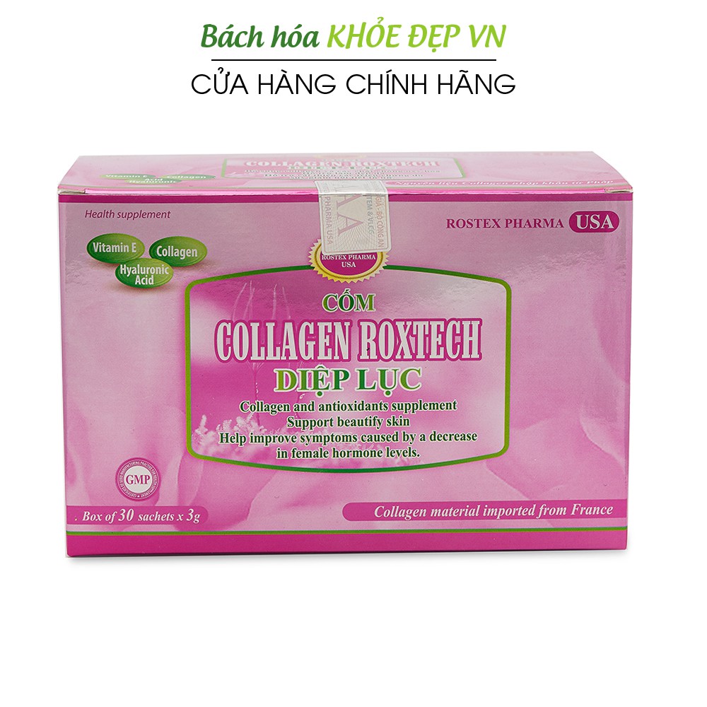 Cốm Collagen Diệp Lục giúp đẹp da, tăng nội tiết tố nữ - Hộp 30 gói [Cốm Collagen Roxtech Diệp Lục Gói Hồng]