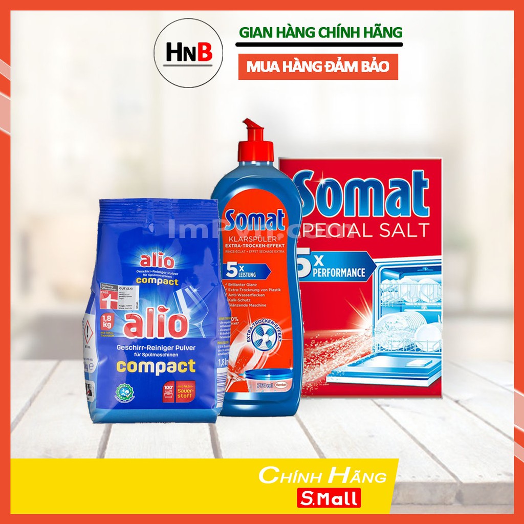 Combo Bột rửa bát Alio + Muối làm mềm + Nước làm bóng Alio (hoặc Muối, Nước bóng Somat)