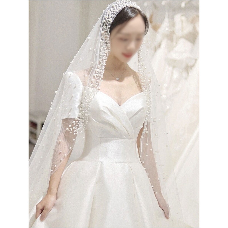 Mạng Che Mặt Một Lớp Vải Tuyn Lưới Đính Ngọc Trai Nhân Tạo Lãng Mạn Kiểu Hàn Quốc
