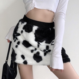 ♗✽chân váy lưng cao họa tiết bò sữa phối lông thời trang thu đông cho nữ