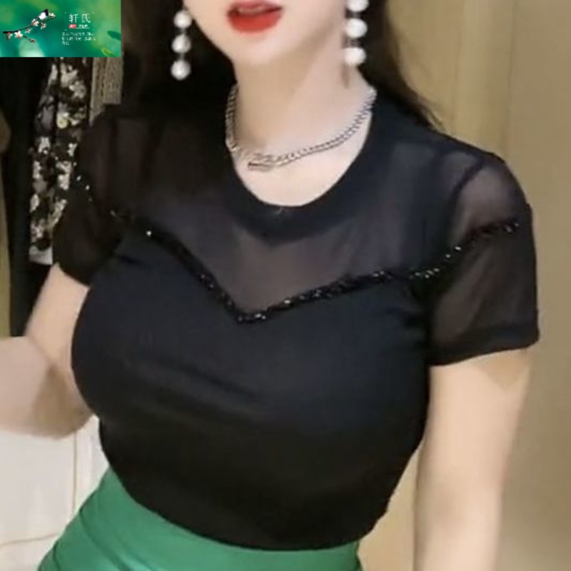 Áo Thun Ngắn Tay Cổ Tròn Phối Lưới Xuyên Thấu Đính Hạt Thời Trang Mùa Hè Quyến Rũ 2022 Cho Nữ