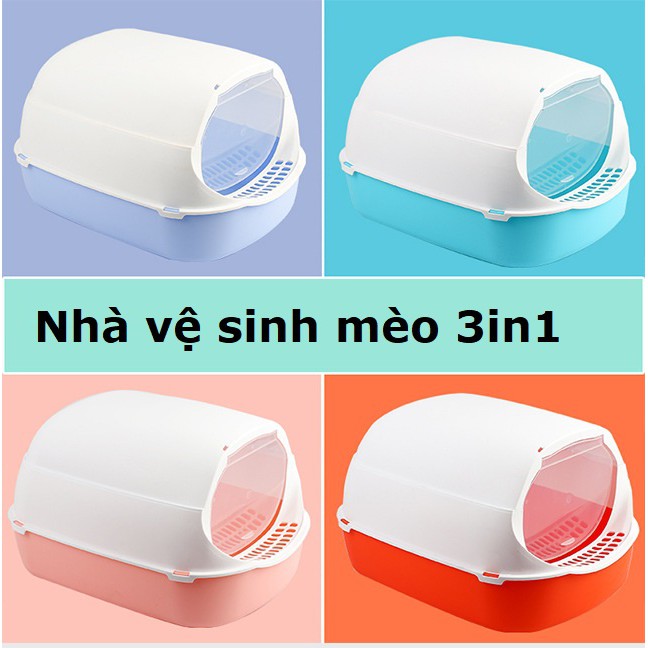 Doremiu-  (3in1) Nhà vệ sinh cho mèo nhỏ dưới 4kg dạng hộp kín 3 trong 1 kiêm khay đựng cát và Tặng xẻng xúc cát mèo