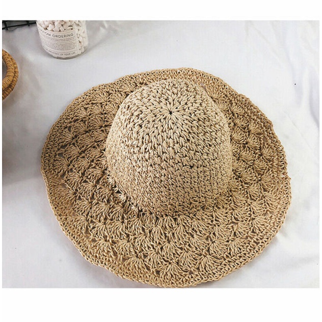 Mũ cói đi biển Vintage - đan móc chân chim và vảy cá