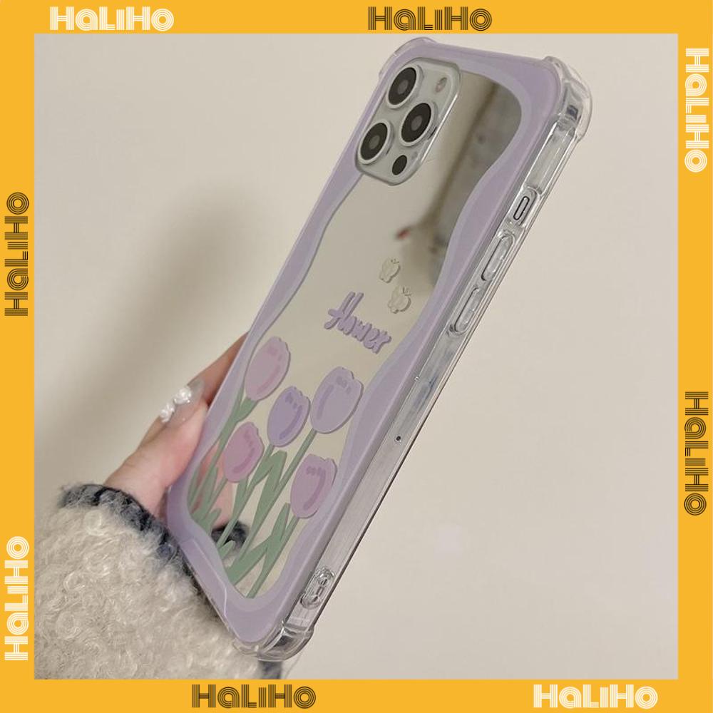 iPhone Case Acrylic HD Mirror Laser Airbag Shockproof Protection Camera Cute Purple Tulip Flowers Compatible For iPhone 11 iPhone 13 Pro Max iPhone 12 Pro Max iPhone 7 Plus xr
