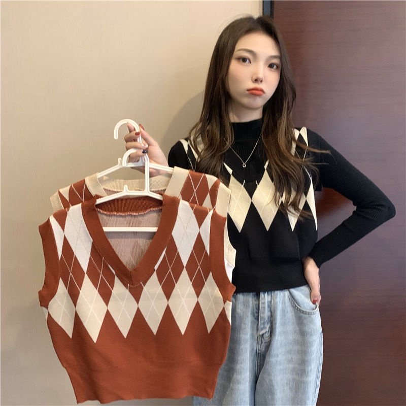Áo gi lê nữ cổ chữ V không tay hình thoi áo mặc ngoài tôn dáng dáng gầy thông xuân thu nữ dệt kim | BigBuy360 - bigbuy360.vn