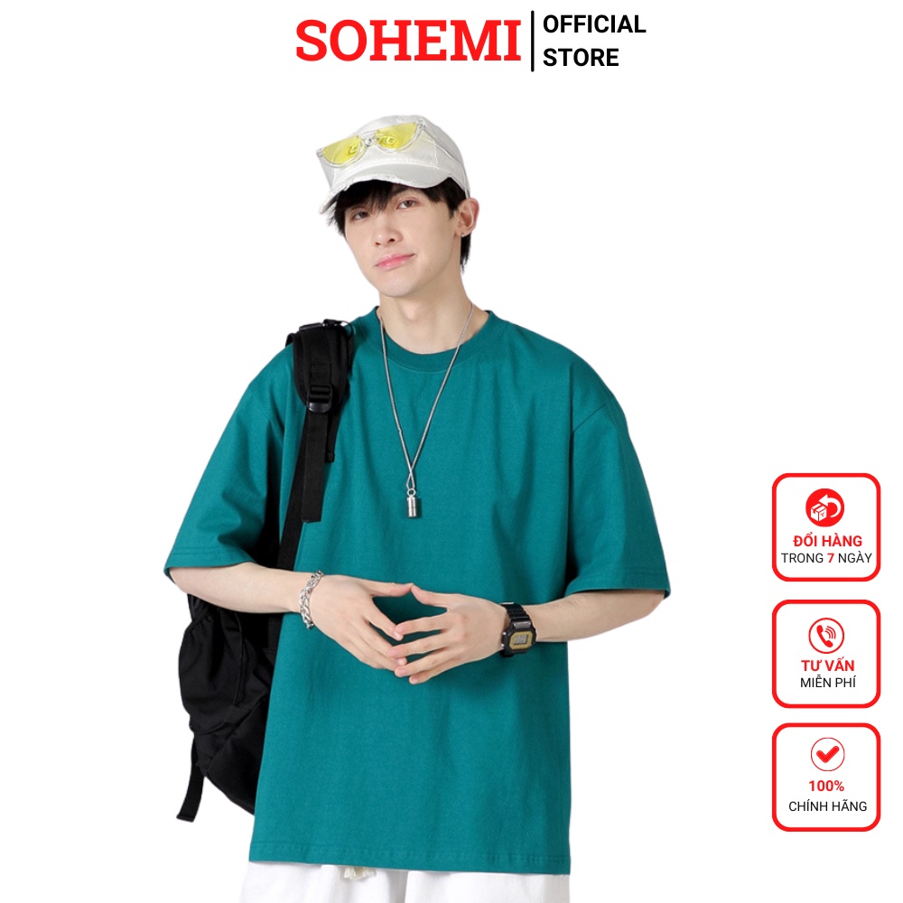 Áo thun unisex màu xanh basic TEE phom rộng tay lỡ dành cho nam nữ SOHEMI