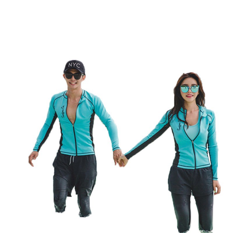 Bộ đồ bơi đôi đi biển nam và nữ áo dài tay màu xanh | BigBuy360 - bigbuy360.vn